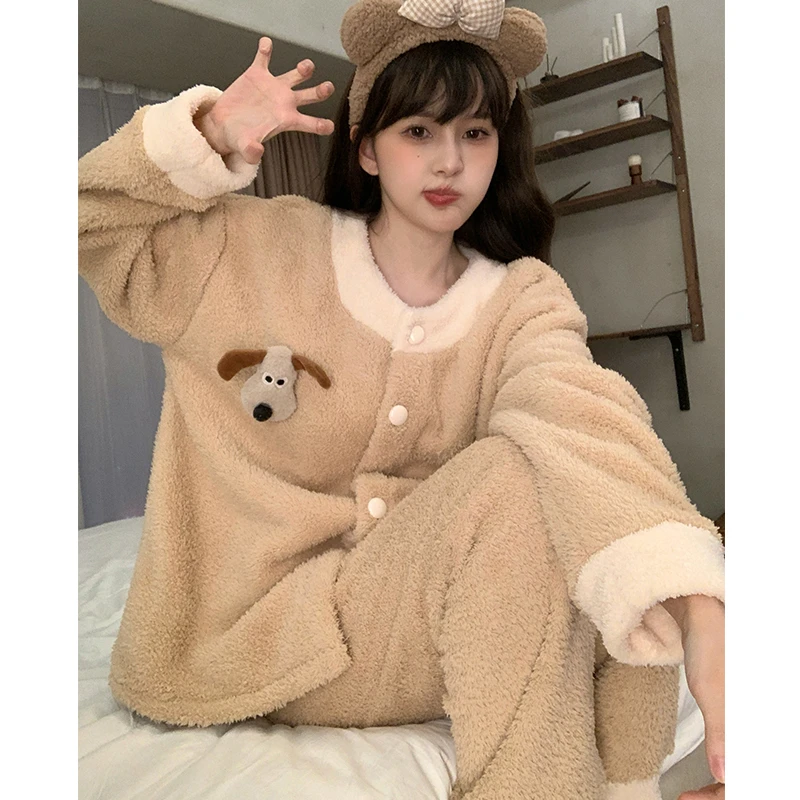 ins风半边绒睡衣女秋冬季2025新款长袖两件套甜美卡通保暖家居服