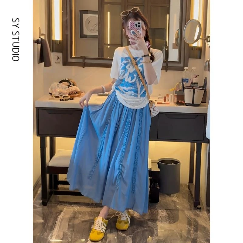 VOCKOO官方独特绝美漂亮小套装韩版时尚印花短袖T恤木耳边设计半