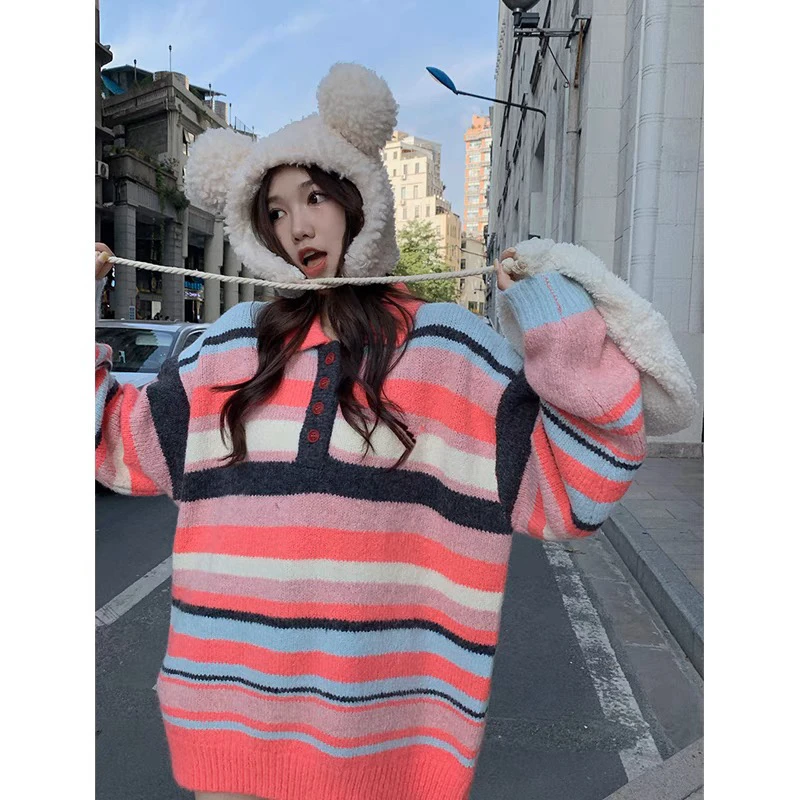 早春大版彩虹条纹毛衣