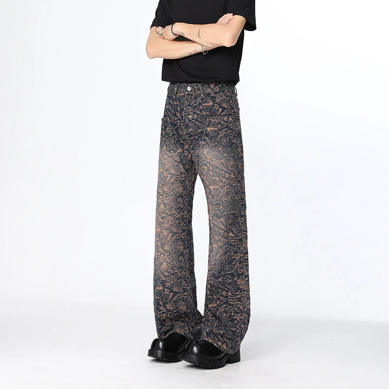 满印提花牛仔裤男美式高街vibe风宽松显瘦青少年微喇工装直筒长裤