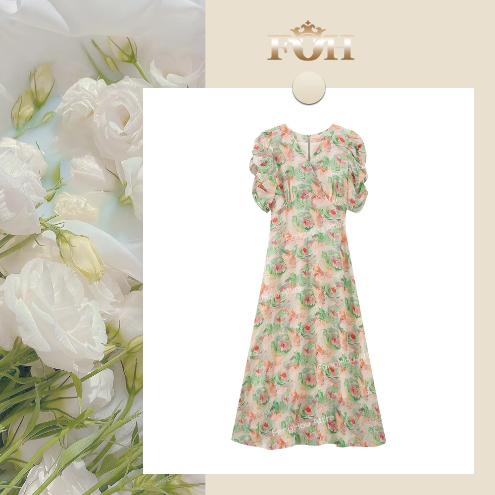 【封后轻奢设计】【莫奈花园】温柔风印花大裙摆气质连衣裙1768
