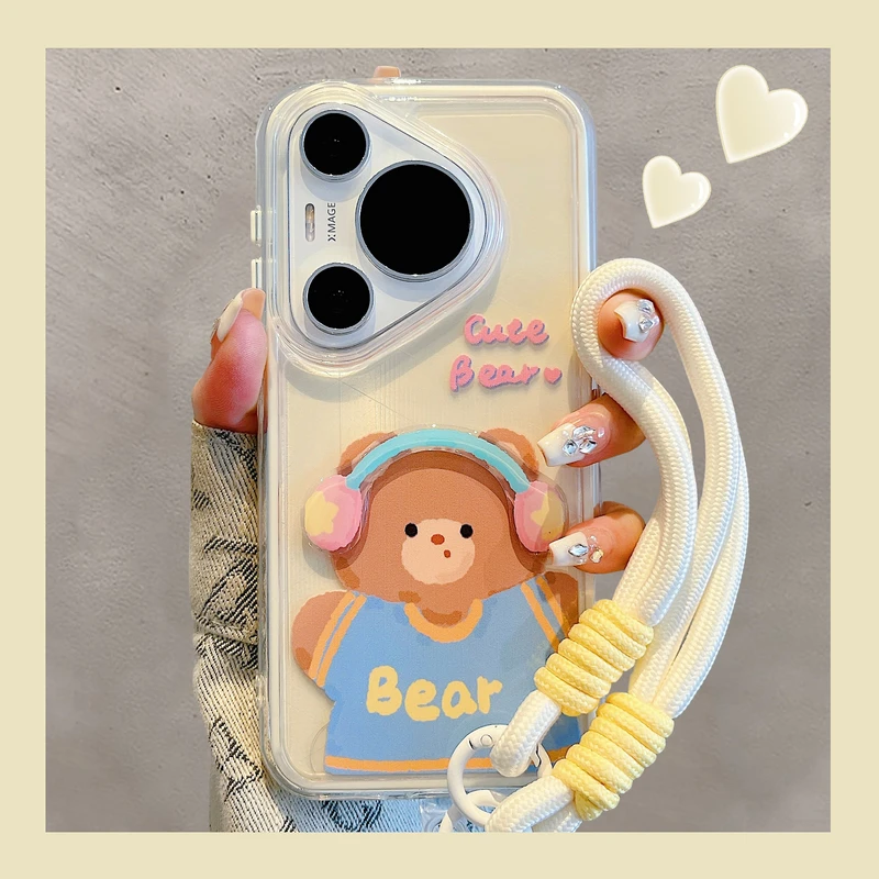 华为pura70pro+手机壳p60pro日韩ins立体戴耳机耳机小熊mate70pro