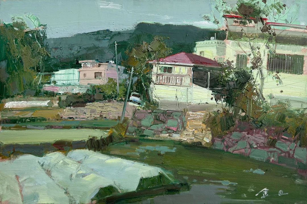 金日油画 原创风景油画收藏《村舍闲情》画布纯手绘油画 90-60cm