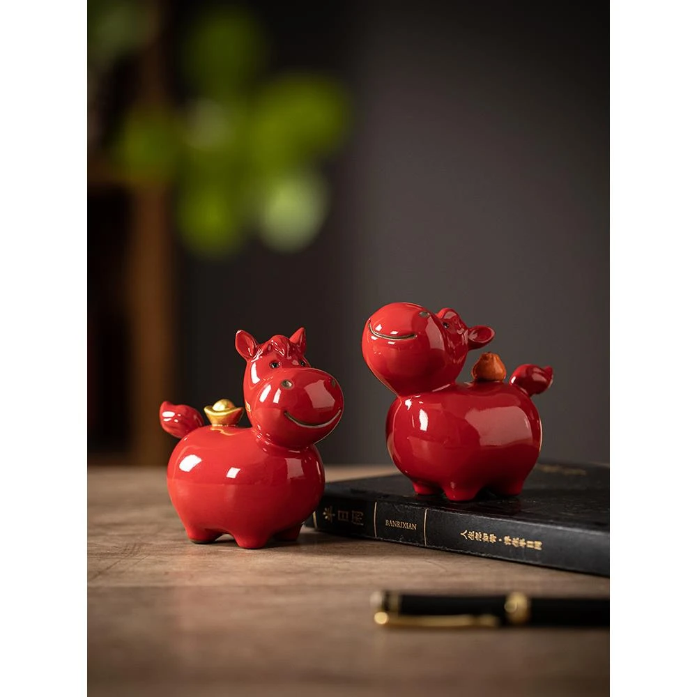 范哲萨陶瓷马摆件一对小号唐马新年红色生肖马年吉祥物客厅玄