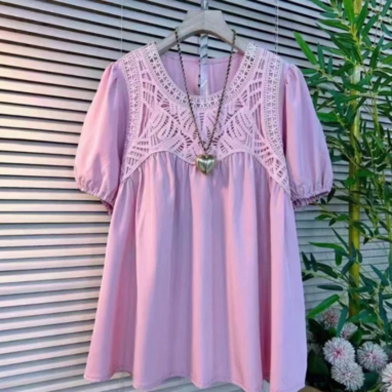 圆领甜美荷叶边短袖套头蕾丝衬衫设计感显瘦娃娃衫韩版洋气