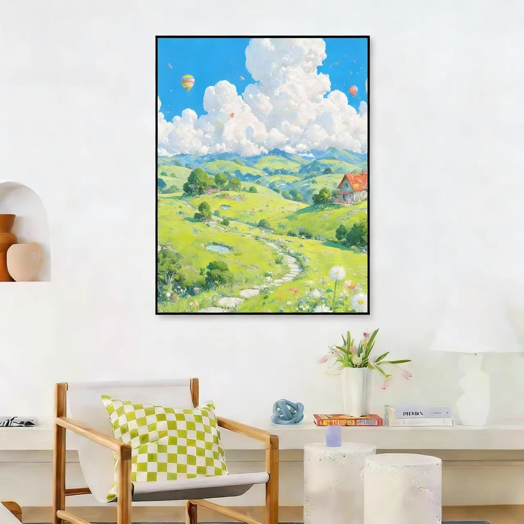 宫崎骏夏天风景绿色油画风客厅卧室动漫风田野山海挂画6080