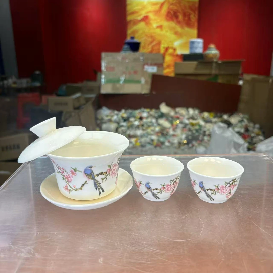 秋香茶具 羊脂玉瓷喜上眉梢三才悬停盖碗一盖碗两杯-3199