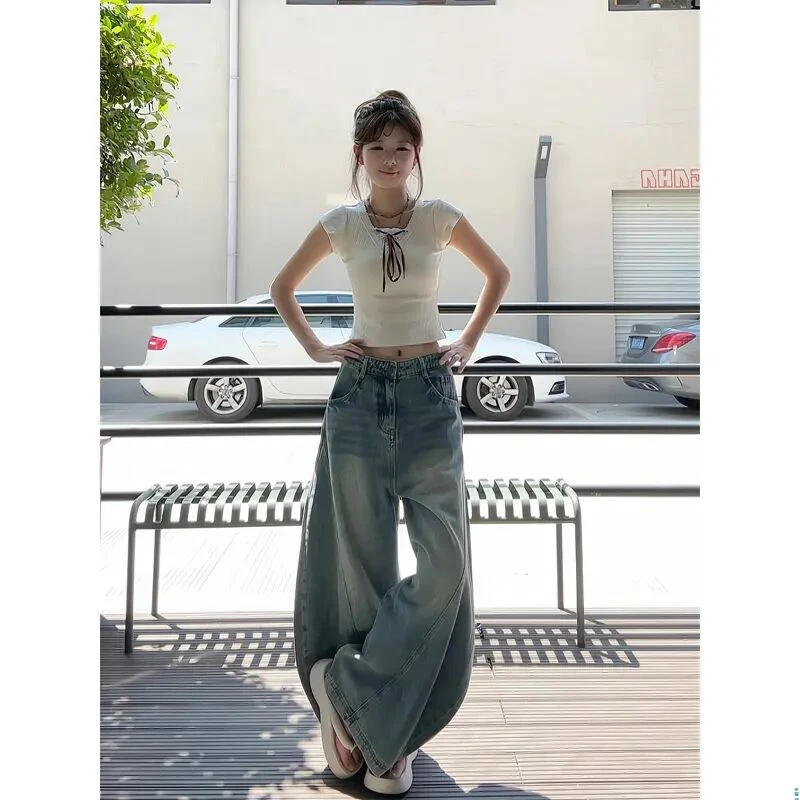 修身正肩短袖T恤夏季设计感短款上衣水洗腰带阔腿牛仔裤拖地长裤