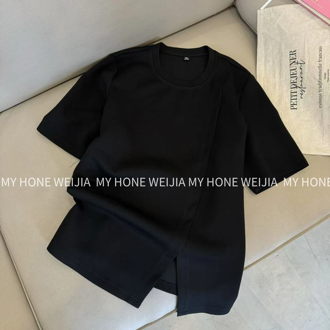 【WJ】春款 丽 5302 简约纯色不规则开叉黑色上衣（3-6）