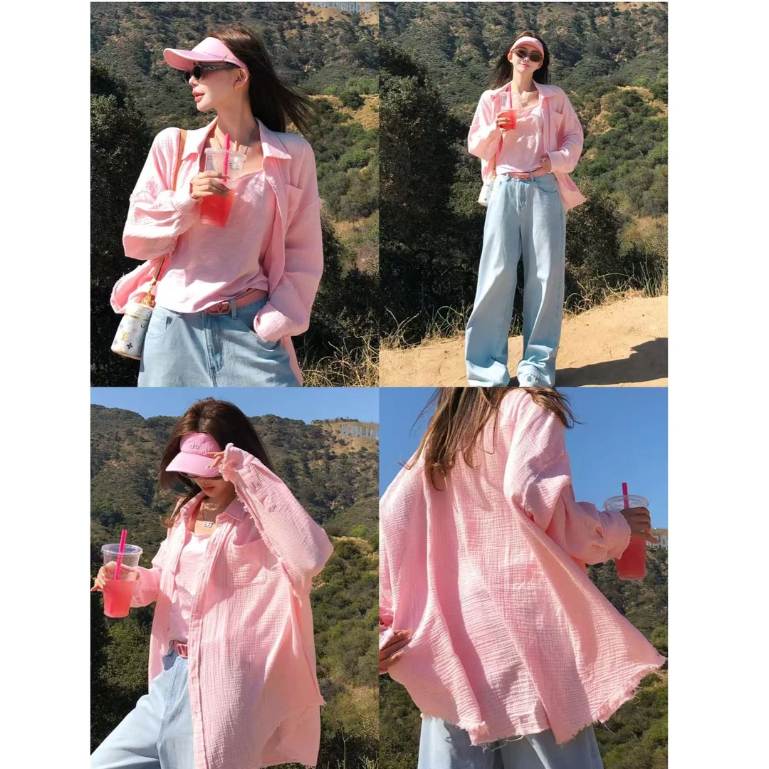 婉君【椿日粉】夏季薄款宽松透气百搭休闲气质长袖衬衫LWJ25B2C1803