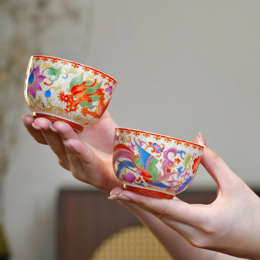 联谊LH48珐琅彩龙凤呈祥陶瓷情侣对杯手工茶杯高端夫妻对杯带礼盒