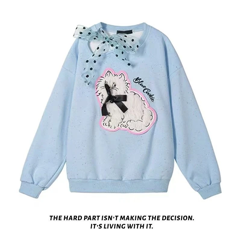 大码美式蝴蝶结小猫露肩卫衣女新款设计感甜辣慵懒风时尚百搭上衣