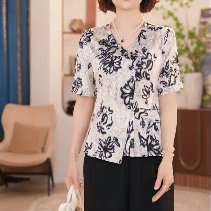 新款中老年女装套装妈妈装遮肚减龄小衫上衣服夏季短袖妈妈装夏装