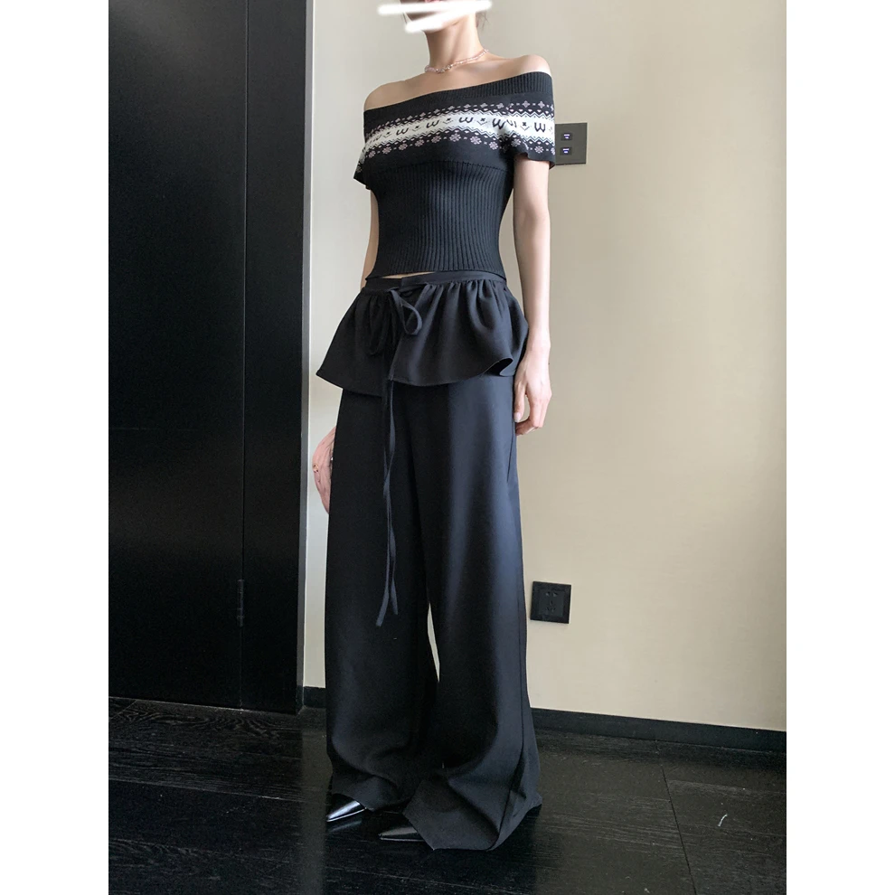 ML一字肩弹力显瘦撞色露肩T恤+黑色垂坠感阔腿休闲裤两件套5001