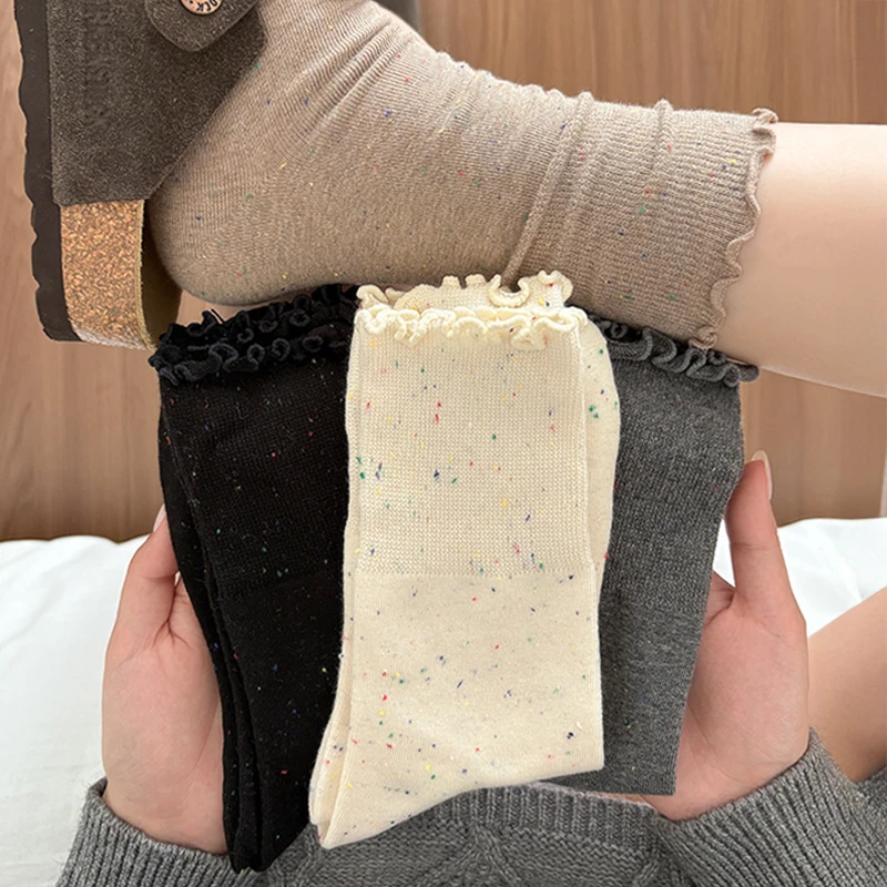 袜子女款2025新款春秋简约百搭点子纱中筒袜ins潮木耳花边堆堆袜