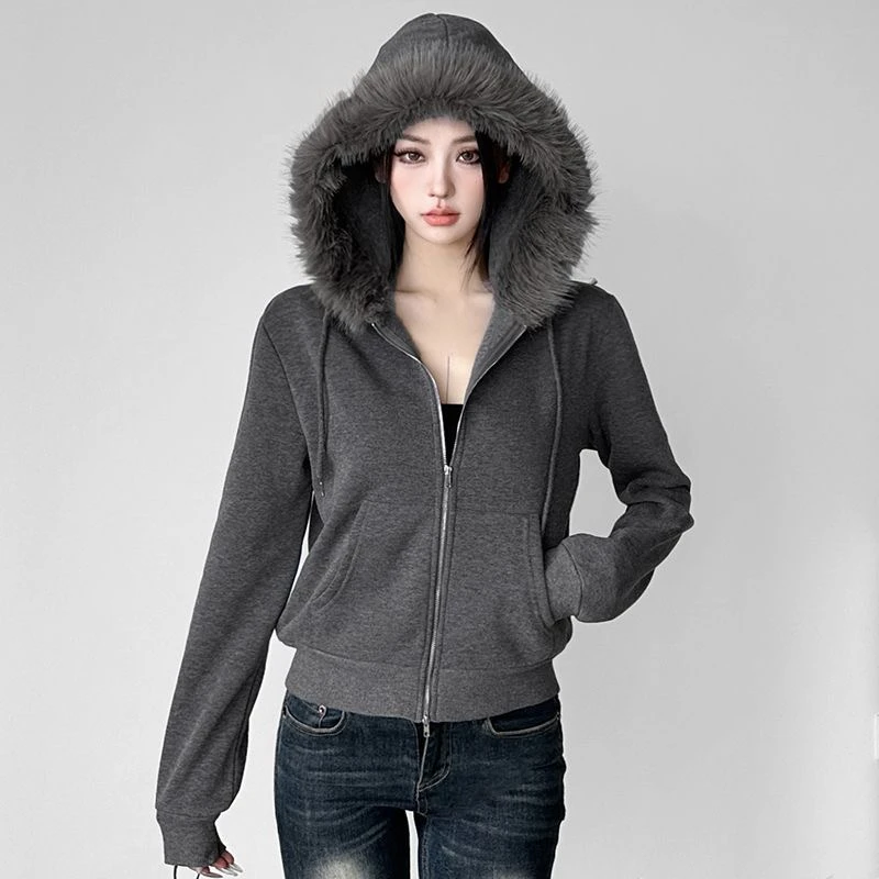 连帽毛领女收腰短款女士珍珠卫衣冬季短款加厚女装