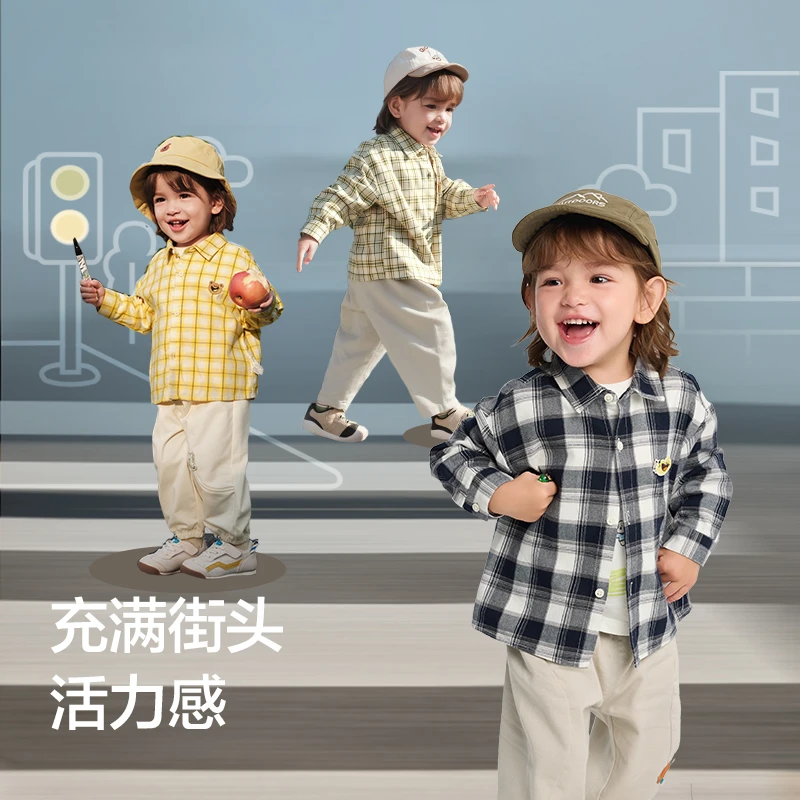 巴拉巴拉宝宝衬衫男童长袖2025新款格子外套秋柔绒加厚亲肤舒适
