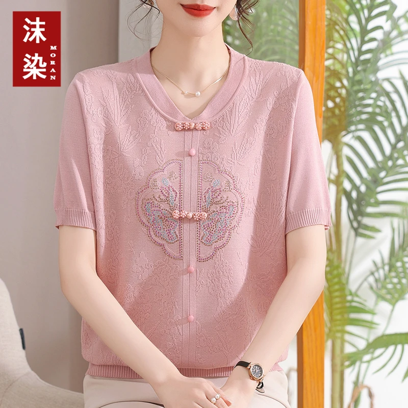 夏季新款洋气中老年妈妈装冰丝针织短袖小衫中年女装气质国风上衣