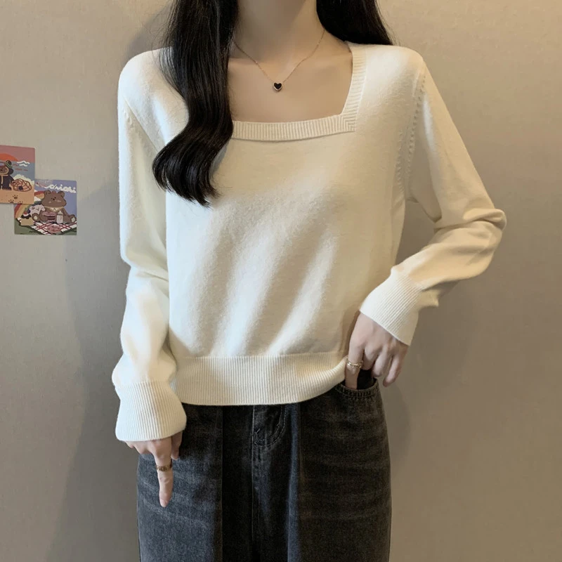 胖妹妹秋装大码女装方领正肩显瘦针织衫纯色简约韩版减龄长袖上衣