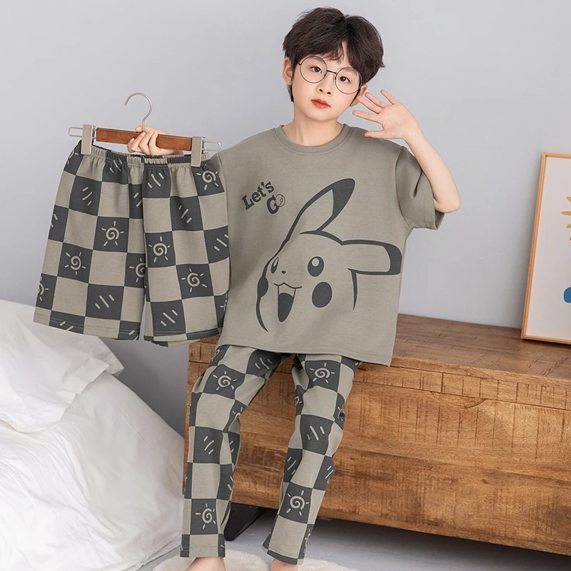 儿童睡衣男童短袖长裤纯棉夏装中大童卡通款青少年家居服三件套装