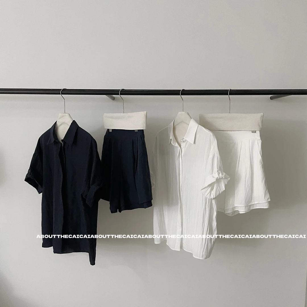 CAICAI韩系简约高级感纯色短袖衬衫短裤两件套夏季新款休闲套装