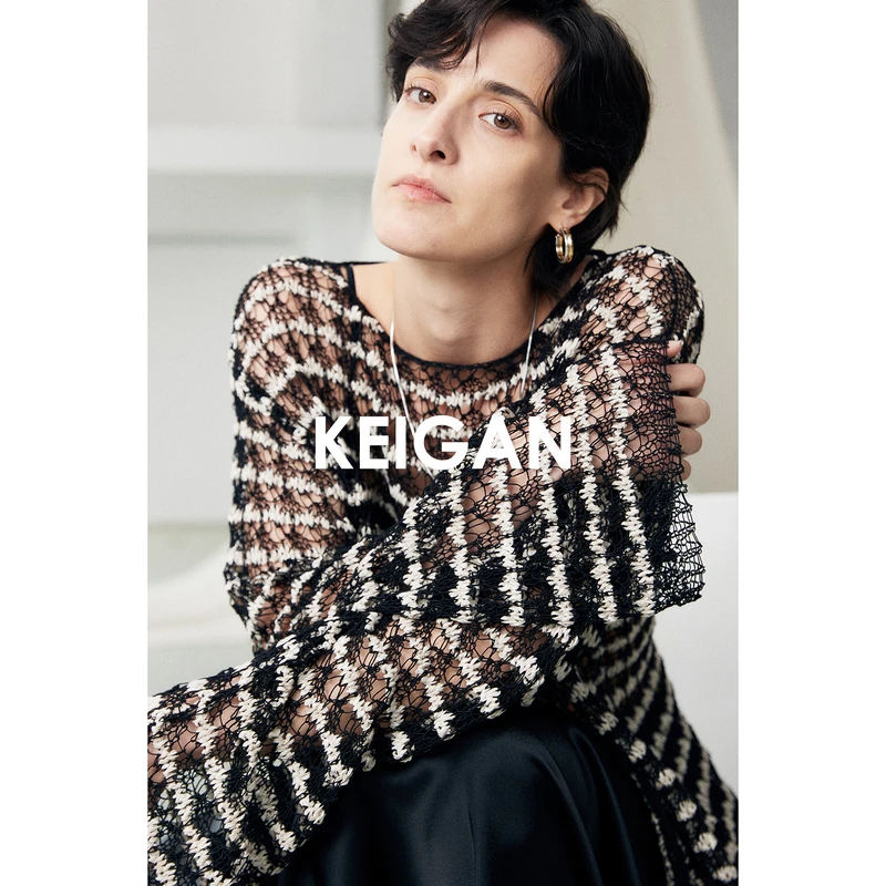 KEIGAN/开间夏季意大利进口亚麻丝光棉夹花镂空针织渔网罩衫新款