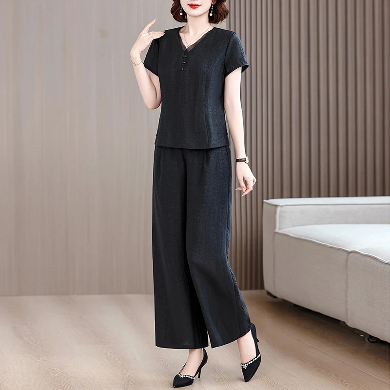 中式国风复古仿真丝香云纱套装夏季新款气质妈妈装显瘦黑色两件套