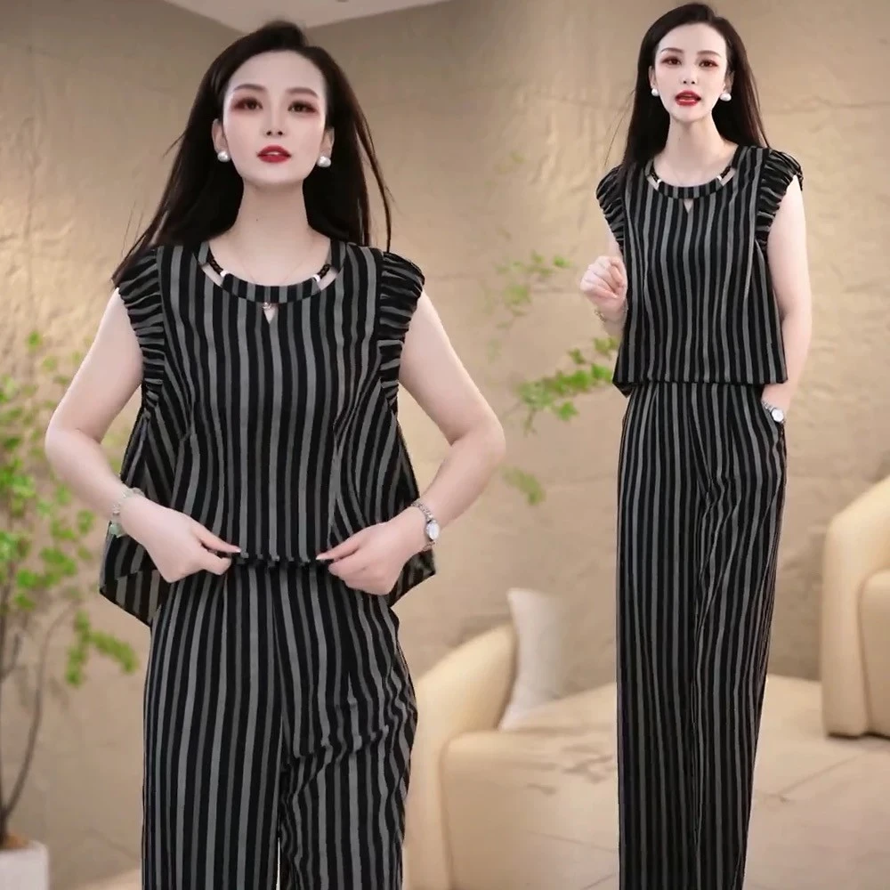 时尚条纹套装女2025夏季新款洋气减龄显瘦无袖上衣阔腿裤两件套女