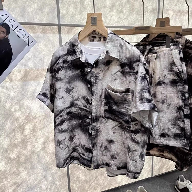 45%莱赛尔!高级皱!丝滑舒爽【IN】2000+扎染男短袖衬衫中短裤套装