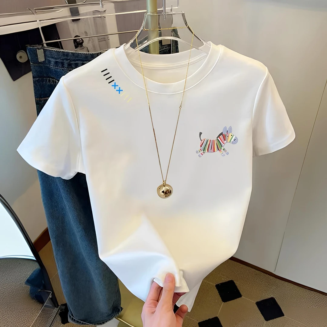 新款重工彩虹马刺绣时尚百搭显瘦圆领短袖上衣T恤