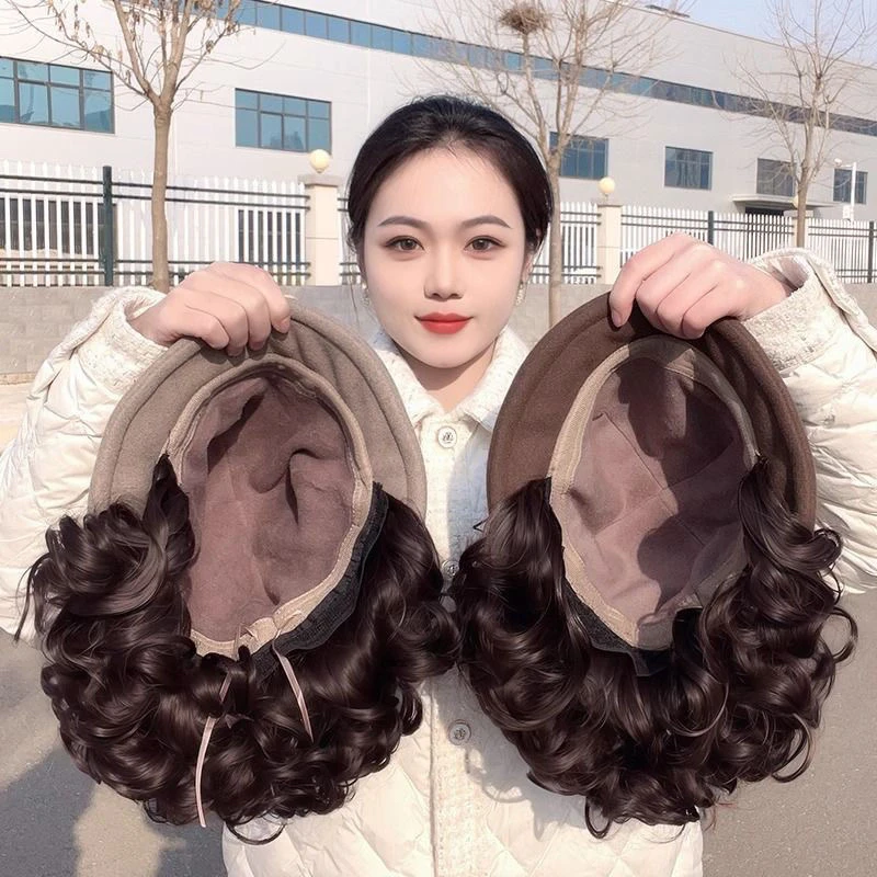 秋冬新款时尚外翻短卷发全头套秋冬保暖加厚毛呢渔夫帽一体式假发