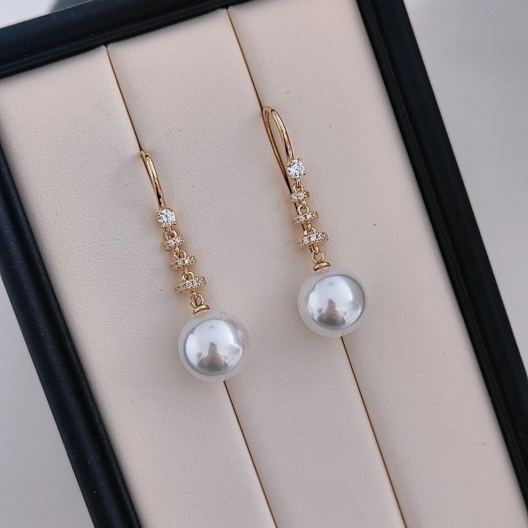 925银耳饰 S925银法式设计金色路路通长款12MM白珠耳环简约耳钩