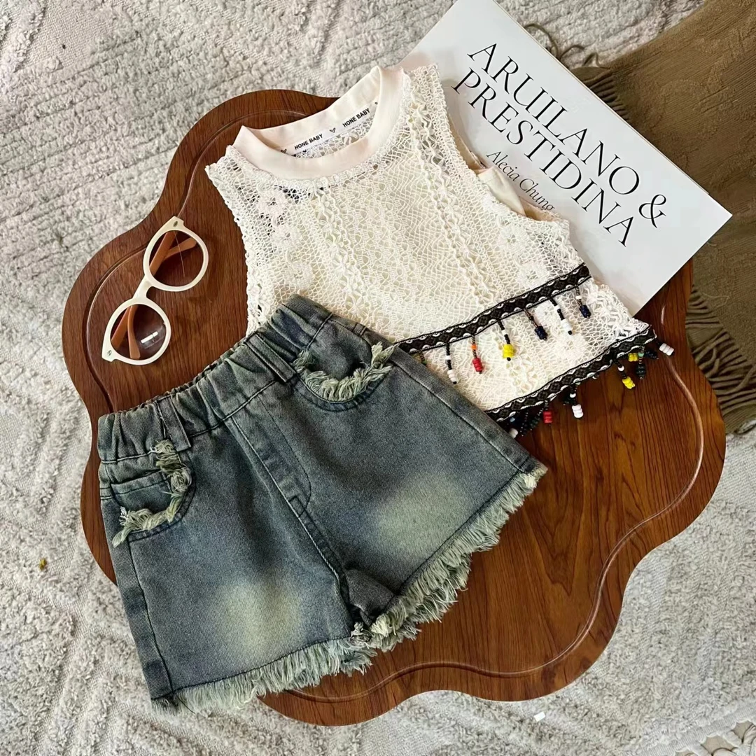 女童夏装2025款时髦韩范版两件套暑假风度假背心牛仔裤夏装薄款