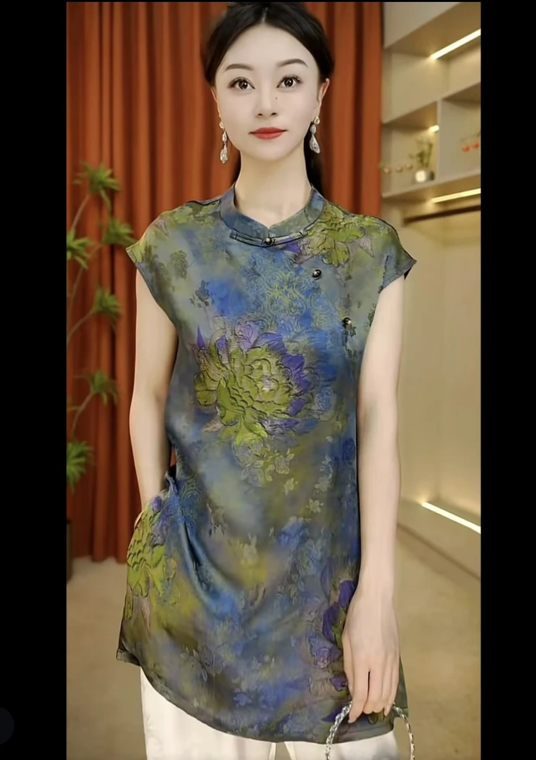 【星河】新款奥戴新中式中国风短袖立领女装上衣T恤优雅夏季-80