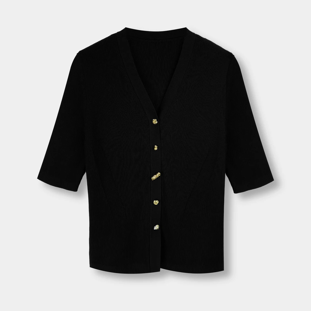 25年早春新款时尚休闲v领纯色开衫针织衫短袖（24L7042-004）