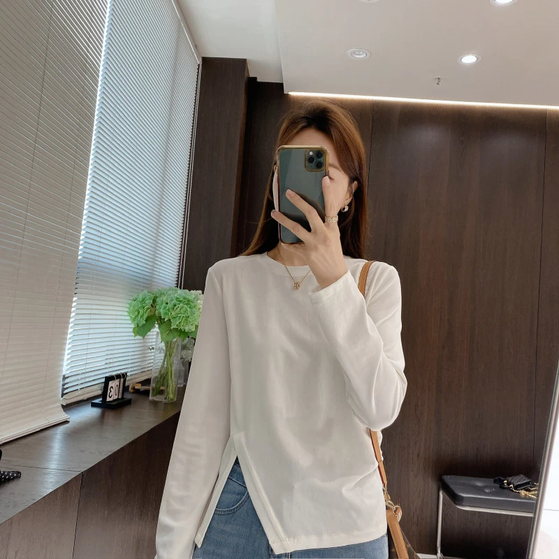 IMFLY金小金自制女装 莱赛尔T恤DYW8988下摆不规则开叉长袖上衣