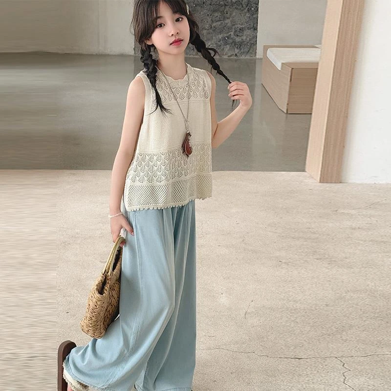 MK&UR.BV女童夏装无袖套装2025新款女大童夏装背心阔腿裤度假风