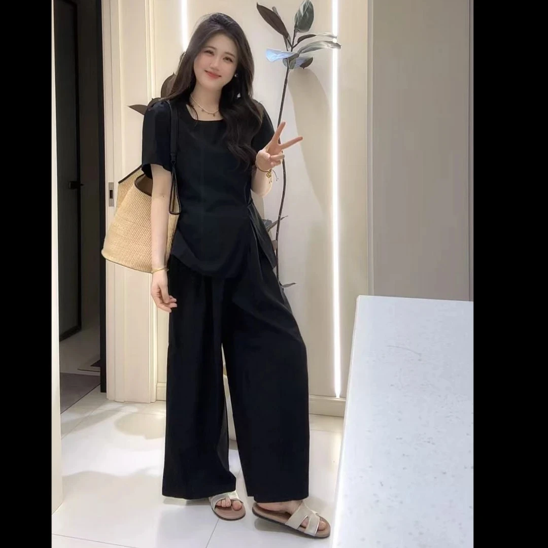 2025新款设计感收腰开叉方领泡泡袖亚麻上衣高腰宽松阔腿裤套装