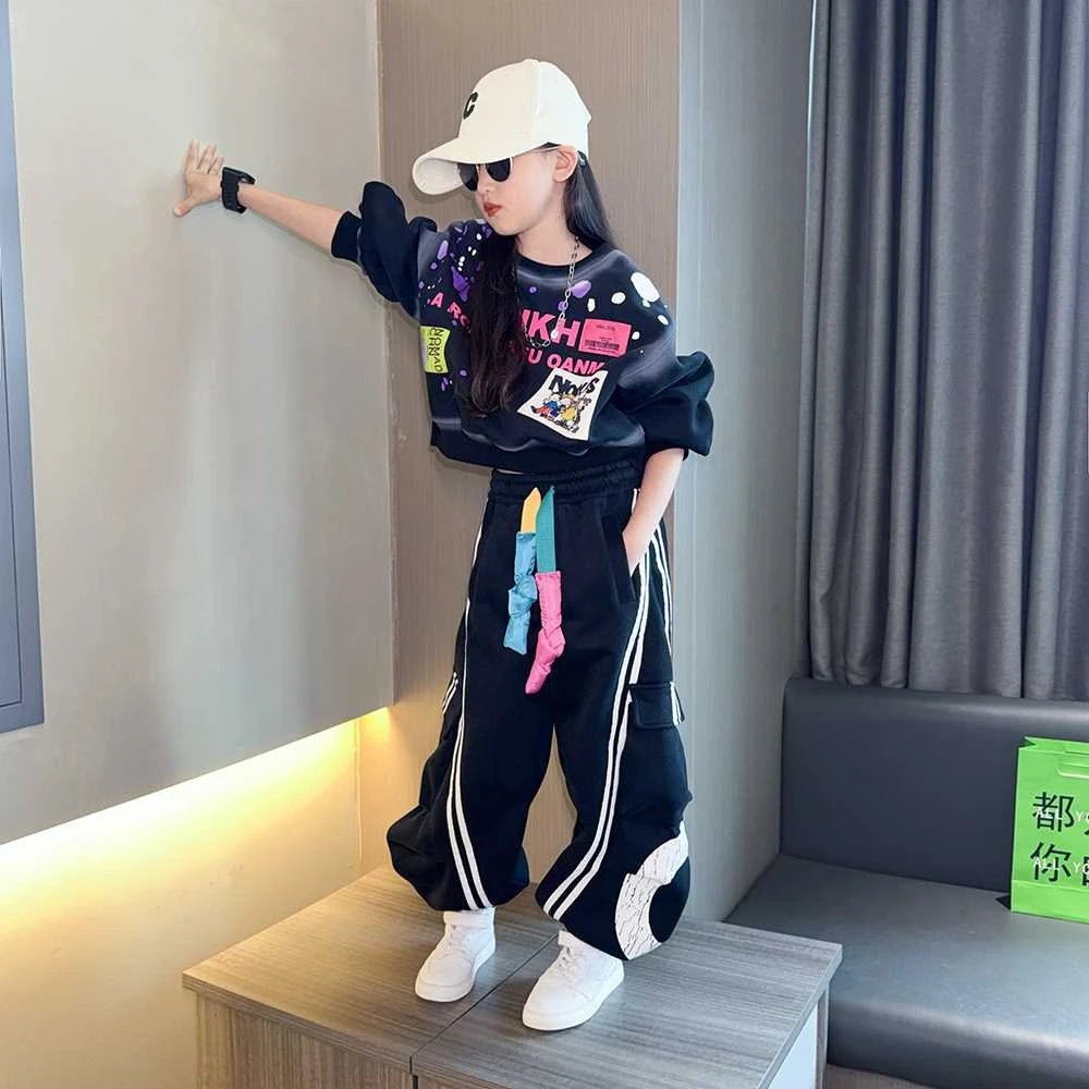 女童套装2025新款中大童韩版洋气春秋休闲时尚卡通印花运动两件套