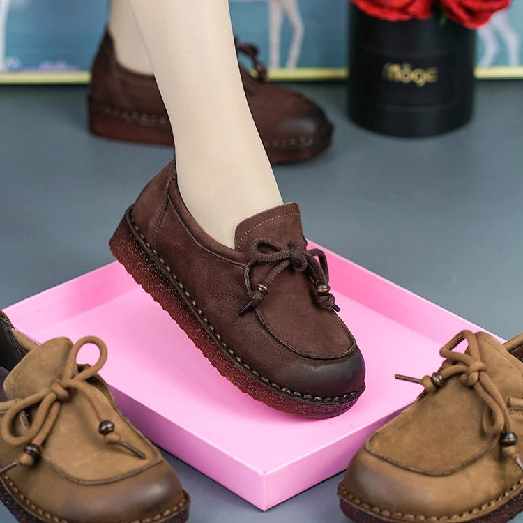 25009新款复古真皮女鞋头层牛皮圆头牛筋底休闲百搭软底软面单鞋