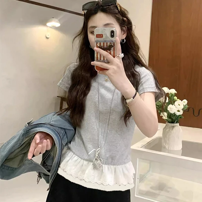 白色蕾丝拼接2025年新款纯棉短袖t恤女夏季设计感小众修身打底衫
