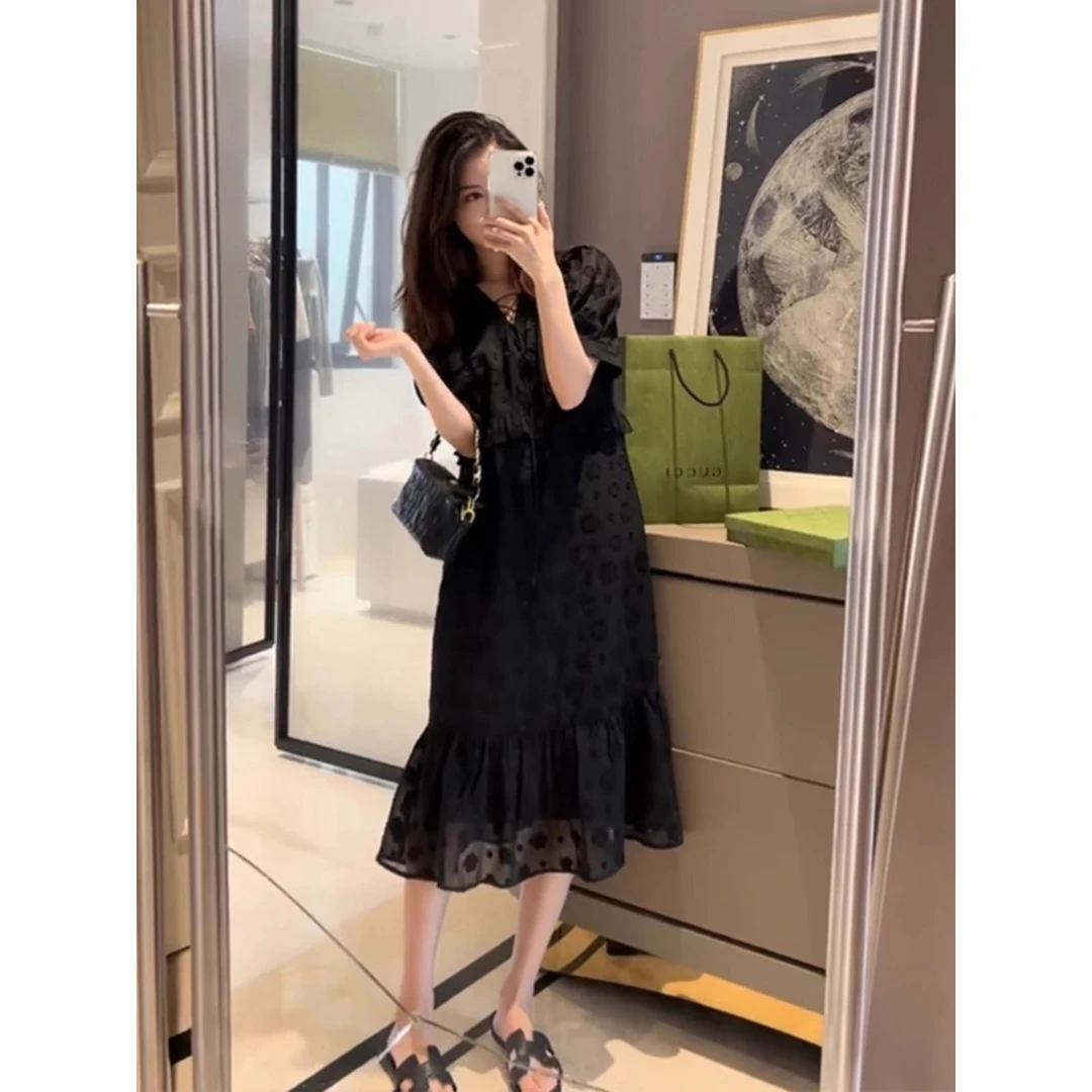 夏季大码女装胖mm法式茶歇气质长裙胖妹妹遮肚显瘦黑色鱼尾连衣裙