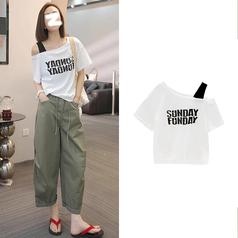 显瘦撞色英文字母斜肩短袖T恤女装2025夏季新款时尚独特漂亮上衣