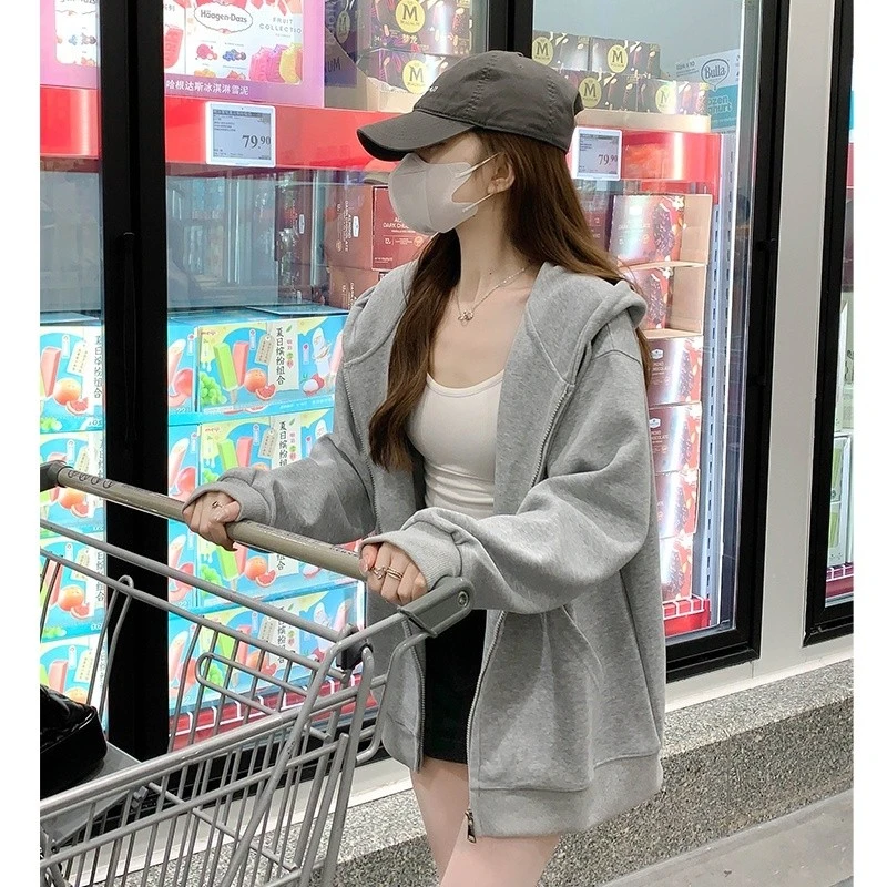 韩系休闲显瘦开衫上衣女秋冬季加绒加厚简约卫衣宽松百搭连帽外套