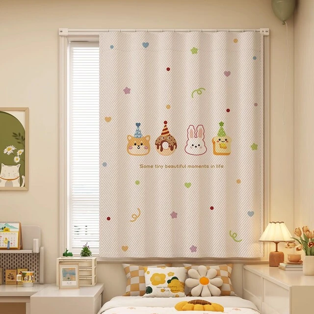 卡通卧室遮光窗帘免打孔安装男女孩儿童房出租房小窗户简易短布帘