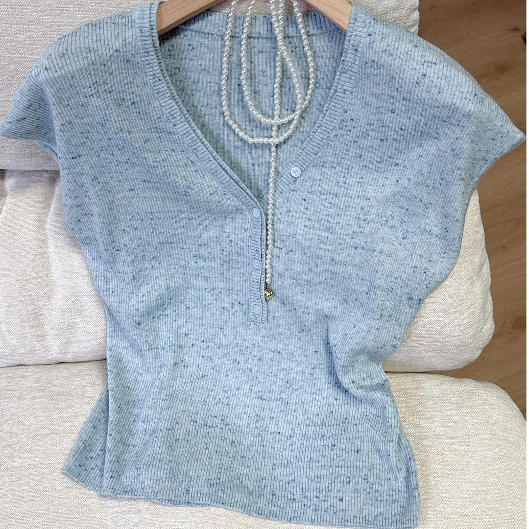 V领套头针织T恤修身显瘦简约气质韩版女夏季短款时尚百搭纯色花纱