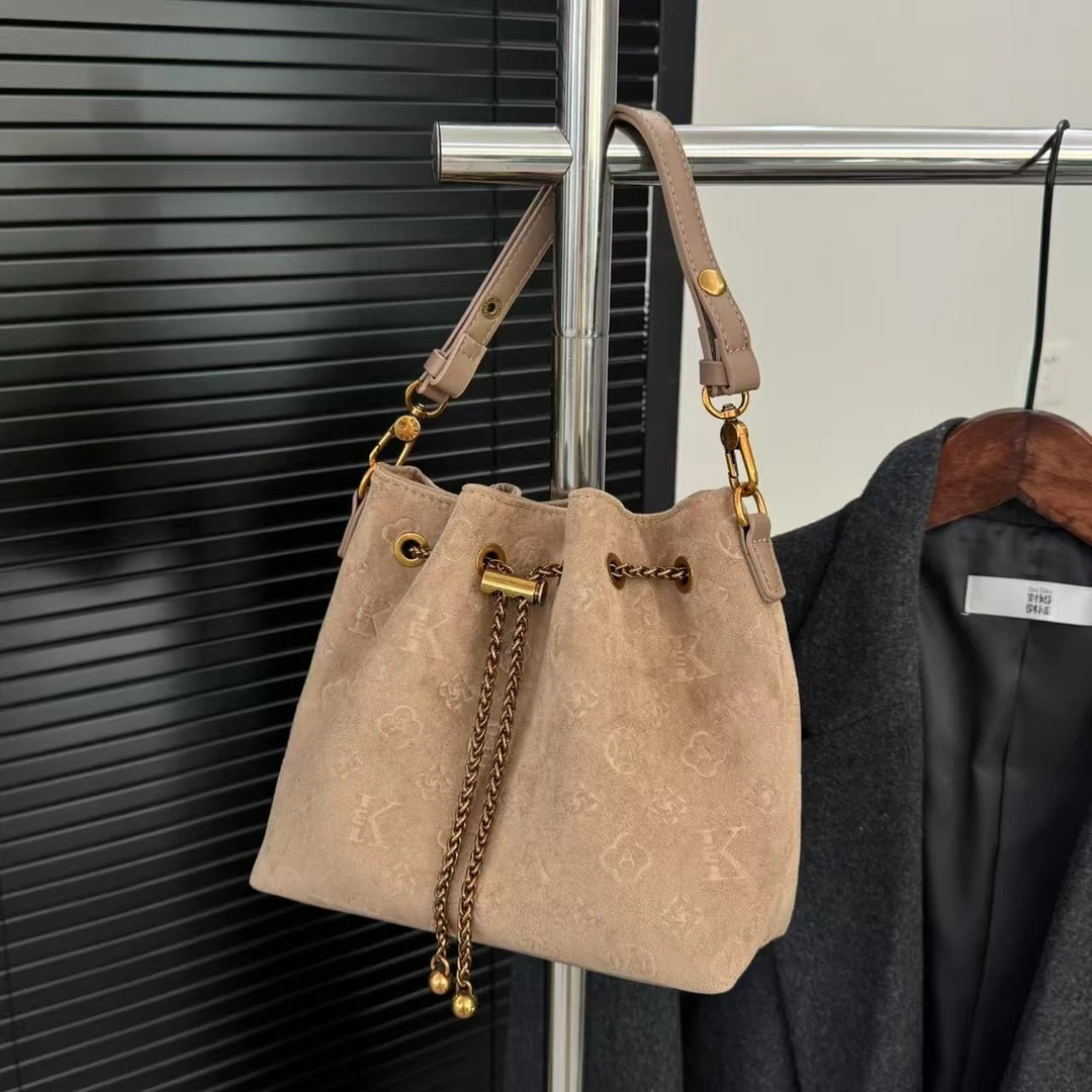 氛围感百搭秋冬小众女包麂皮绒抽绳女包大福袋包包【1271-2】