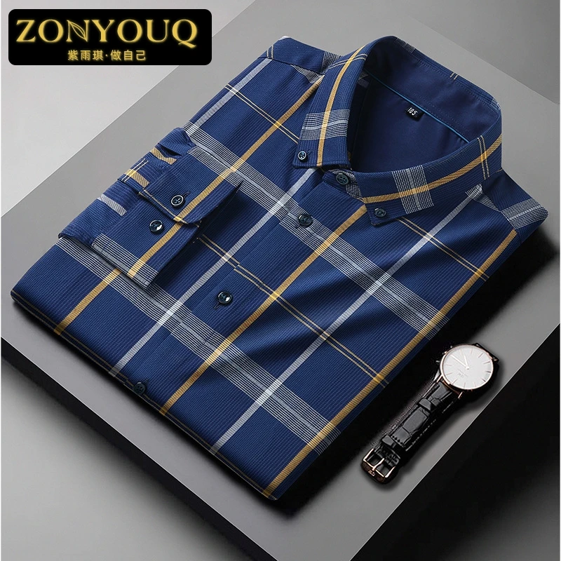 ZONYOUQ秋季新款长袖衬衫男士商务格子衬衣加肥加大码休闲上衣