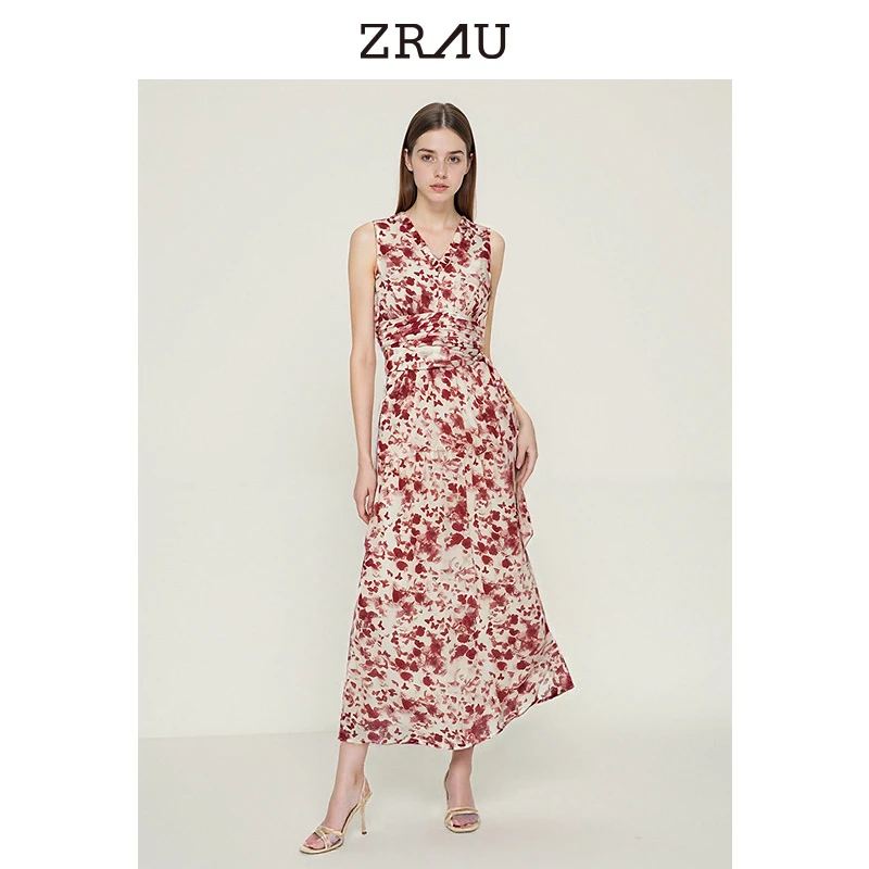 【达人专属】ZRAU法式印花V领无袖收腰连衣裙Z1242L0079