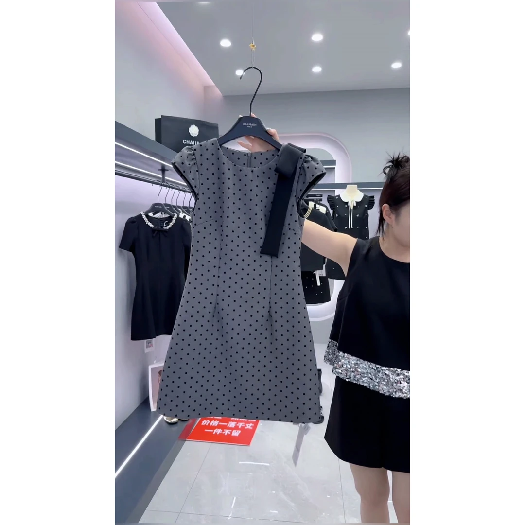 【萧萧】【波点千金】夏季法式收腰灰色波点无袖连衣裙气质显瘦女短裙